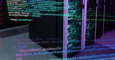 Data center server racks with cyan led lighting and floating code overlay for security