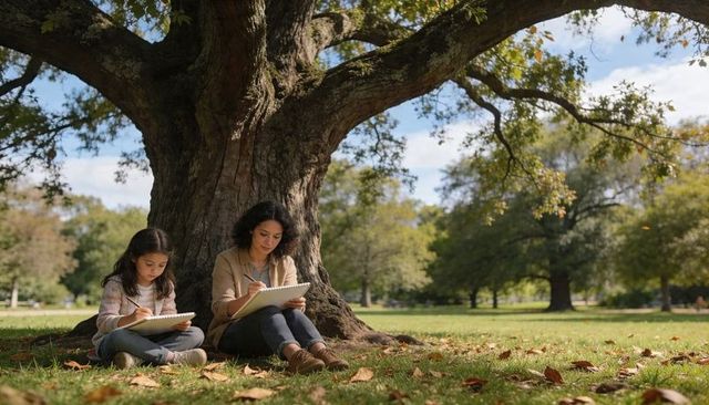 Mother and daughter sketching under oak tree in park with fallen autumn leaves on grass