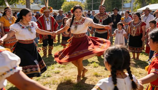 Indigenous women dancing in colorful regalia, twirling skirt in outdoor festival circle