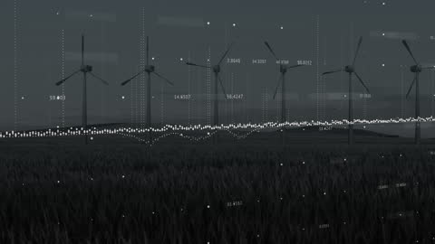 Financial Data Overlay on Wind Turbines Symbolizing Sustainability