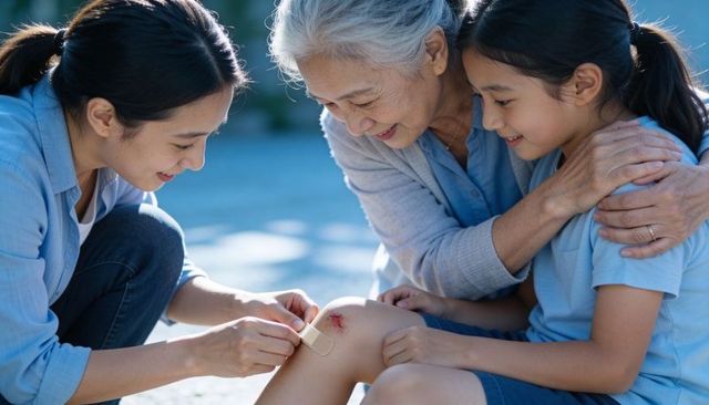 Applying bandage to scraped knee with smiling multigenerational family caring moment