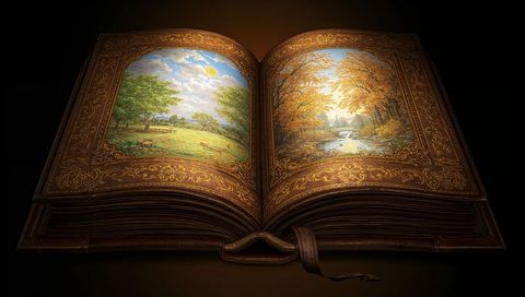 Antique Book with Vibrant Landscape Paintings