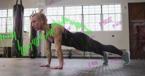 Woman Performing Push-Ups Amidst Financial Data Overlay