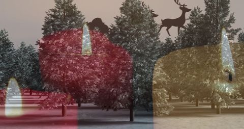 Festive christmas scene with silhouette of santa sleigh over candles