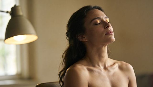 Basking woman tilting head back and closing eyes in warm softly lit minimalist interior