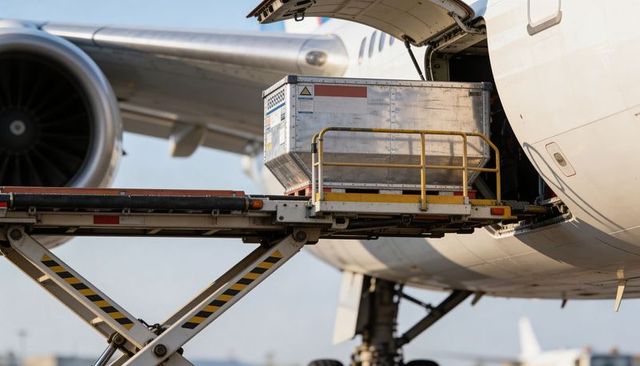 Loading uld container into jet cargo hold on airport apron with scissor lift