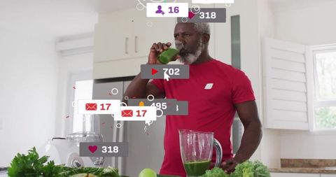 Mature man drinking green smoothie in modern kitchen with social media engagement overlays