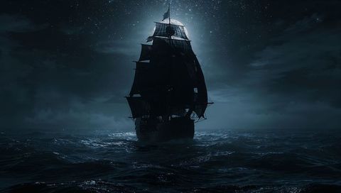 Silhouette of Ship on Moonlit Sea at Night