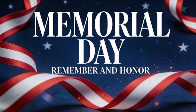 Memorial day remembering and honoring fallen heroes with waving red white ribbon