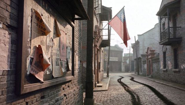 Peeling chinese posters on wooden noticeboard in cobblestone alley with taiwan flag