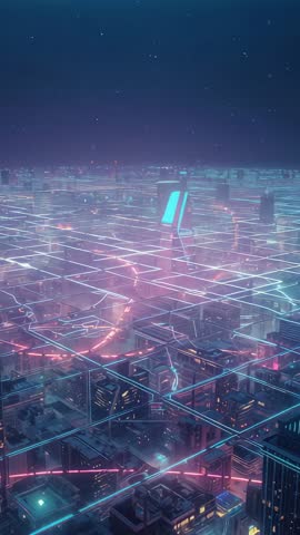 Vertical cyberpunk cityscape video showing hovering neon grid and monolithic tower