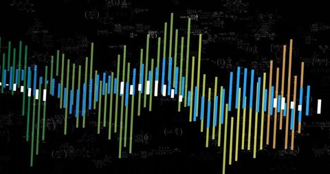 Futuristic multicolor vertical waveform bars with faint scientific equations and molecules