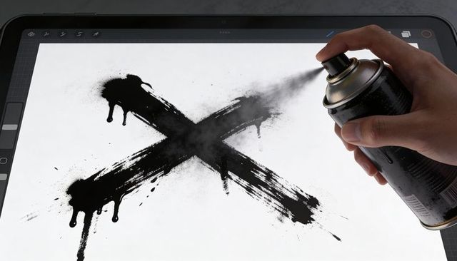 Hand spraying black x on tablet screen with spray can for digital street art concept