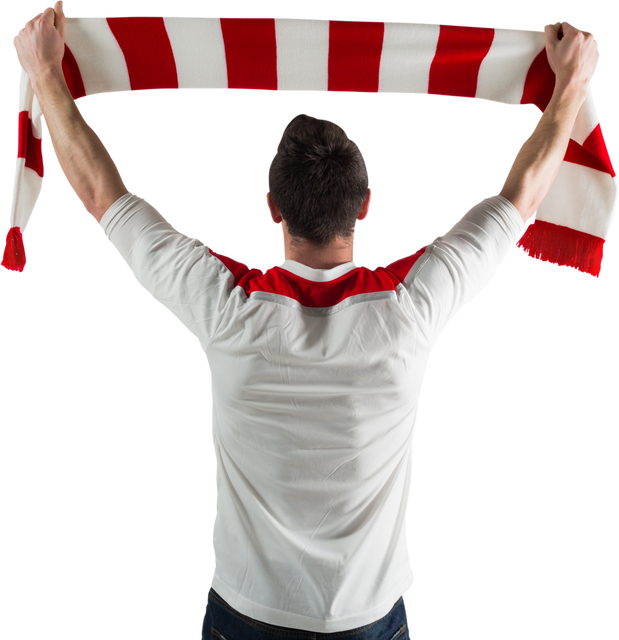 Back View of Male Sports Fan Waving Red White Scarf Transparent - Download Free Stock Videos Pikwizard.com