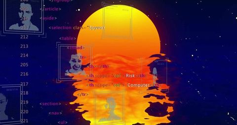 Neon Cyber Sunset Reflecting on Digital Sea with Floating Code Frames and Portraits