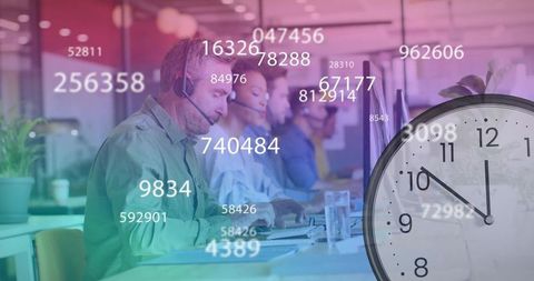 Call center agents working under time pressure with digital metrics and clock overlay
