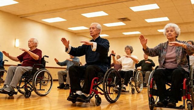 Asian seniors practicing seated tai chi in wheelchair group improving balance and mobility