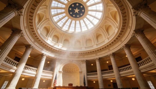 Sunlight streaming through neoclassical rotunda with star-patterned dome and marble columns