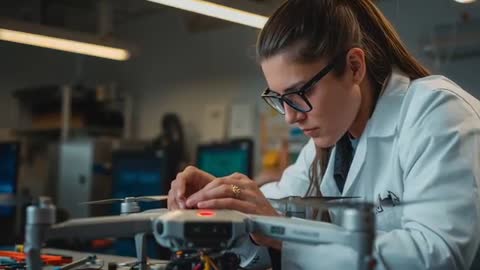 Female Engineer Adjusting Quadcopter Propellers and Wiring in Tech Workshop Video Clip