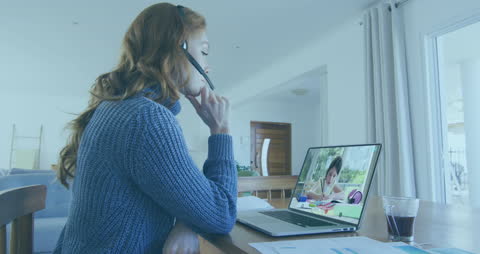 Woman in Virtual Meeting Analyzing Reports at Home
