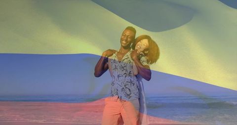 Sunlit beach romance with tricolor flag overlay celebrating love and travel at shoreline