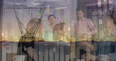 Business strategy meeting with financial data overlay