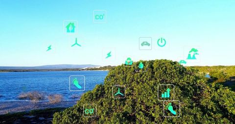 Renewable Energy Icons Floating Above Scenic Eco-Friendly Nature Landscape