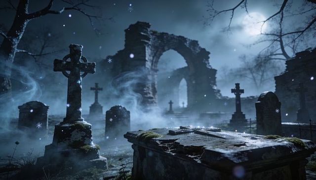 Moonlit foggy graveyard with cracked sarcophagus and celtic cross ruins