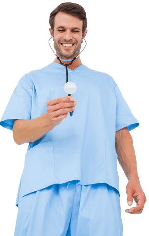 Surgeon in blue scrubs with stethoscope on transparent background