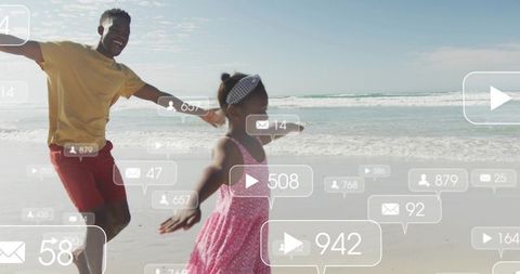 Father and daughter running on sunny beach with social media notification overlays