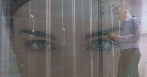 Technician Analyzing Data in Server Room with Virtual Interface Overlay