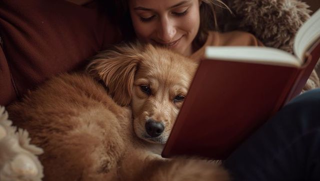 Woman reading and snuggling golden retriever on leather couch, cozy home companionship