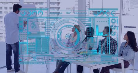 Team Meeting with Holographic Presentation and Digital Innovation