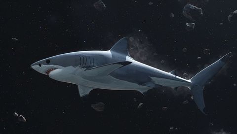Great white shark gliding through deep space amid floating asteroids and stars