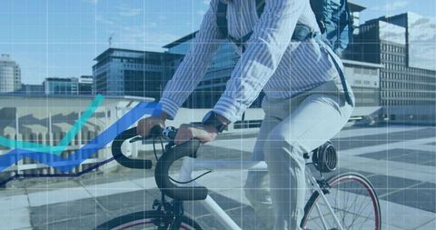 Urban commuter cycling on rooftop with analytics overlay showing performance metrics