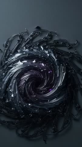 Spiraling glossy liquid vortex with purple sparks in vertical loopable sci-fi animation
