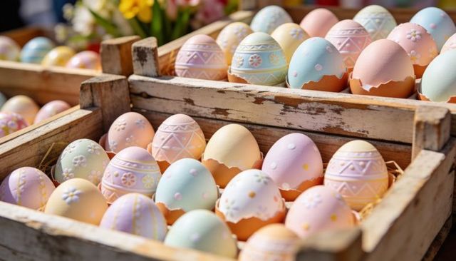 Handpainted pastel easter eggshells nesting in rustic wooden crates for spring market display