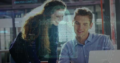 Colleagues discuss cyber security with futuristic interface