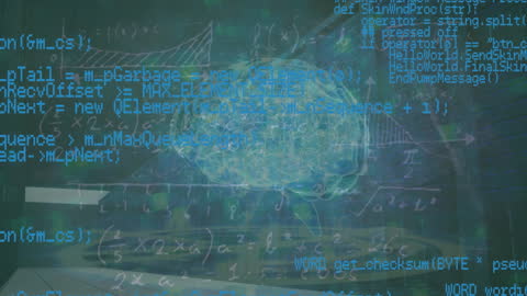 Digital Brain Overlaid with Data Code in Server Room