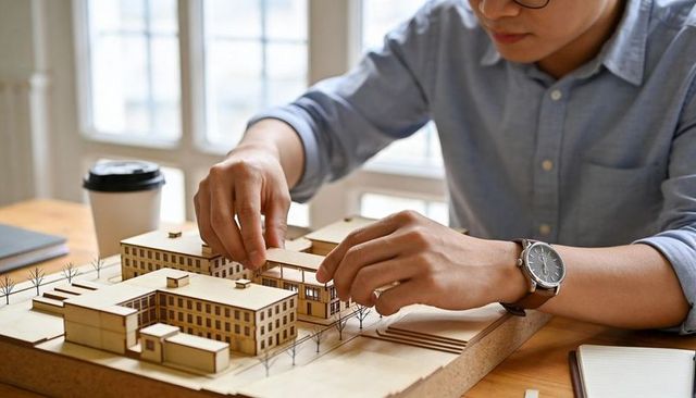 Architect assembling wooden scale building model on studio table with coffee and notebook