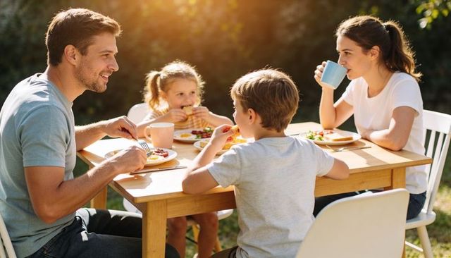 Family of four enjoying sunlit outdoor breakfast at wooden table backyard meal