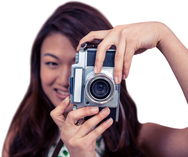 Smiling Asian Woman Taking Photograph with Vintage Camera on Transparent Background - Download Free Stock Videos Pikwizard.com