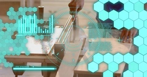 Hands Guiding Track Saw over Wood Plank with HUD Overlay for Precision Carpentry