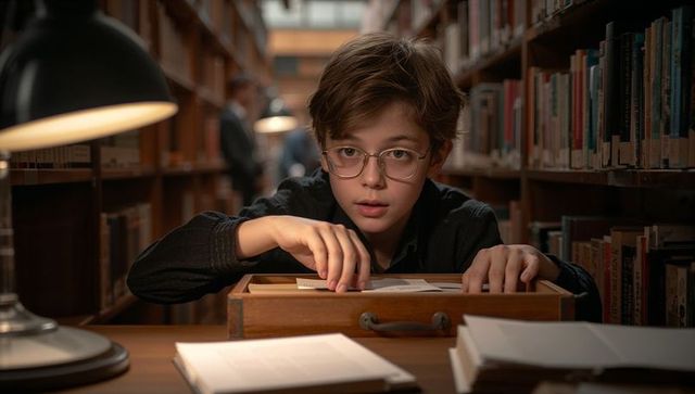 Preteen examining vintage card catalog under warm lamp, studying with curious focused expression