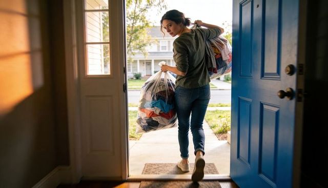 Woman carrying donation bags stepping out of sunlit suburban home for charity