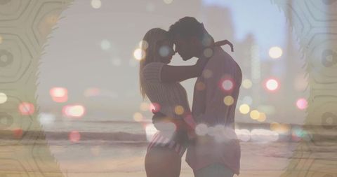 Sunset beach embrace silhouette couple forehead touching with dreamy bokeh double exposure