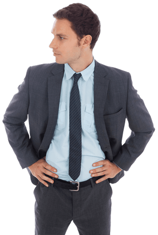 Transparent Businessman Standing Confidently with Hands on Hips