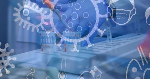 Scientist analyzing test tubes with pandemic icons overlay
