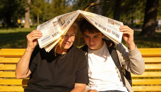 Grandparent and teenager sheltering under newspaper on sunny park bench, sharing warm moment