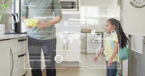 Parent and child exploring augmented reality kitchen interface with world map hud at home